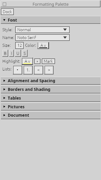 Separate native formatting palette