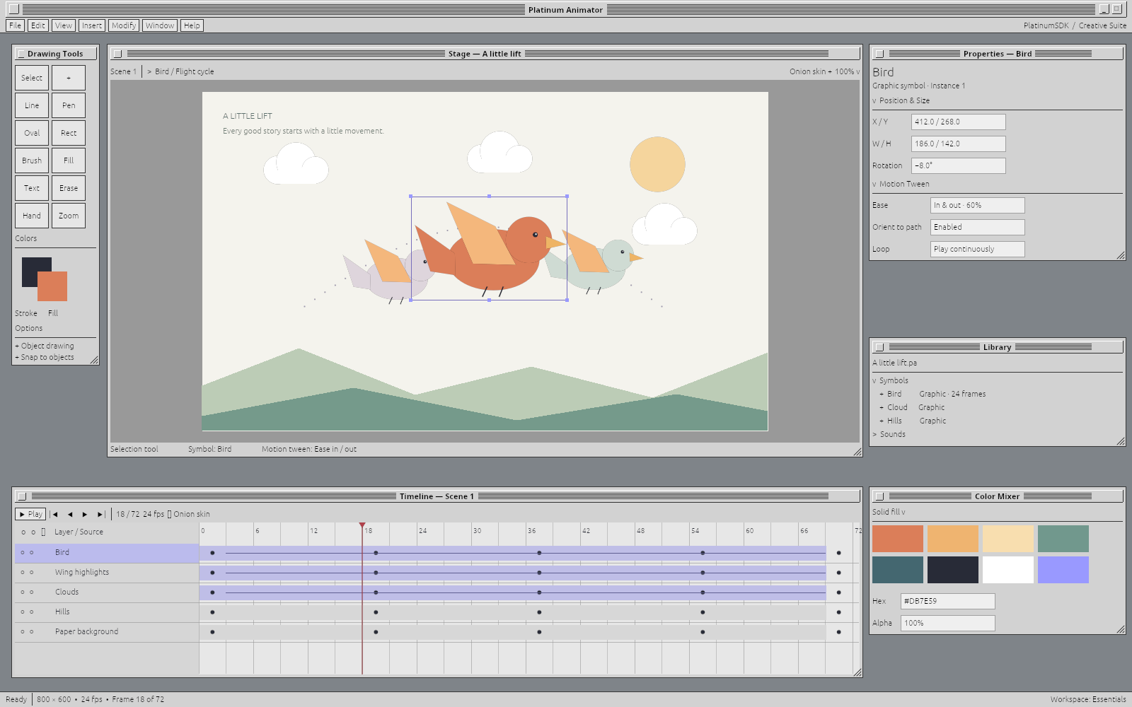 Platinum Animator workspace: an animated bird with onion-skin poses, drawing toolbox, symbol library, tween properties and layered keyframe timeline
