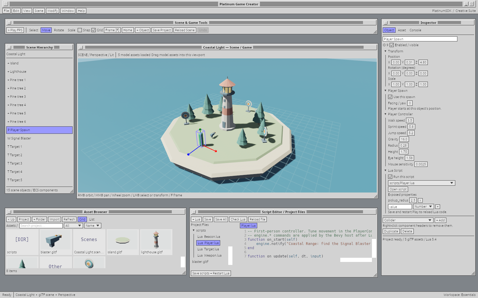 Platinum Game Creator rendering a full 3D lighthouse and island with glTF assets, lighting, shadows, transform controls, scene hierarchy and inspector