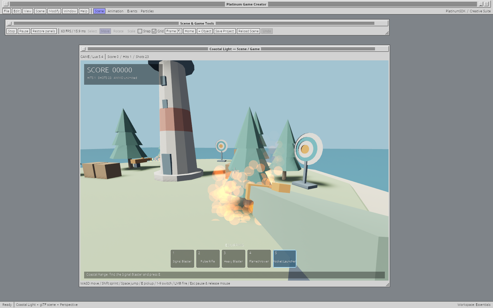 Coastal Light first-person gameplay with the lighthouse, targets, a rocket launcher and particle effects