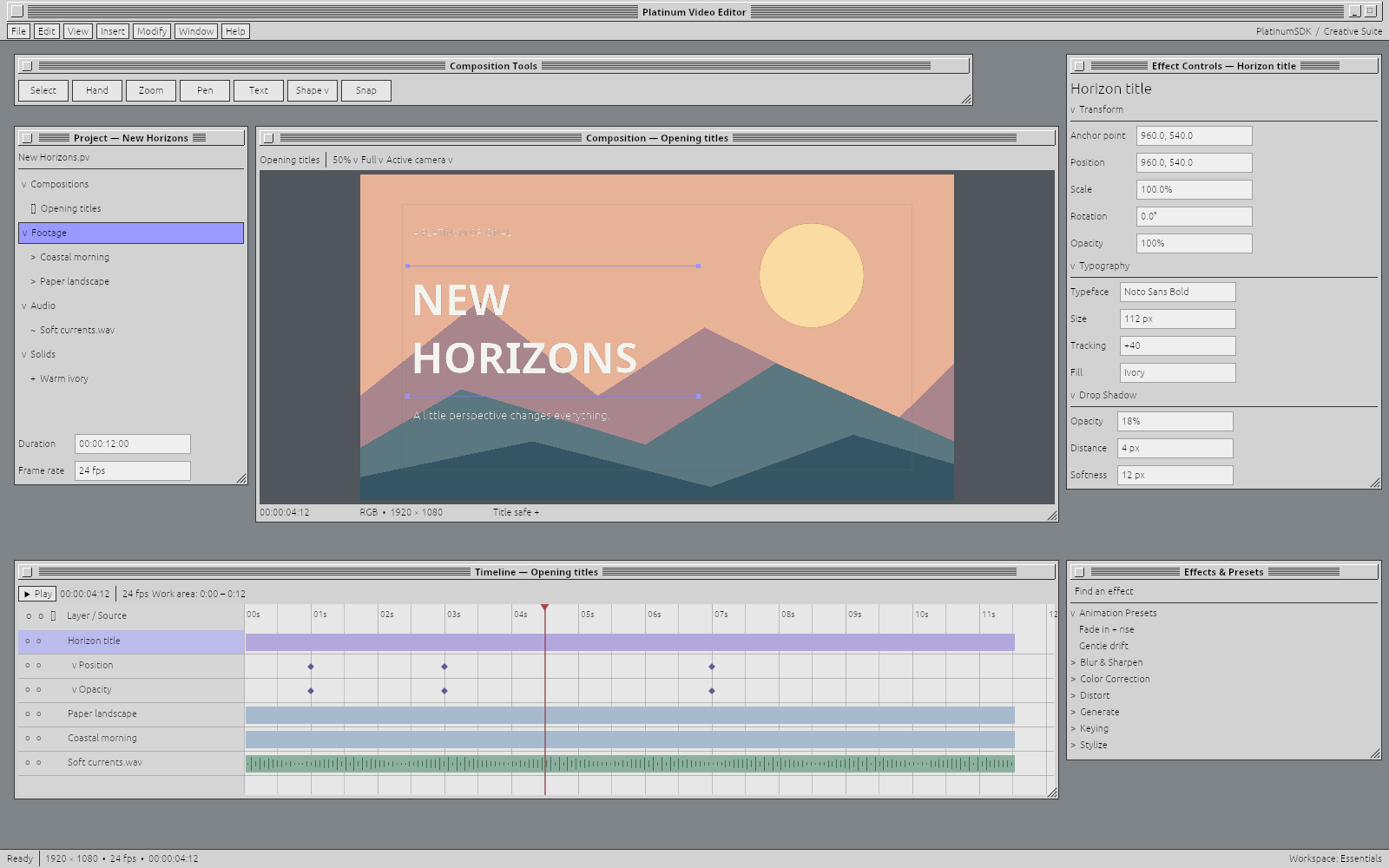 Platinum Video Editor workspace: New Horizons title composition, project bin, layered timeline with audio waveform, keyframes, typography and effect controls